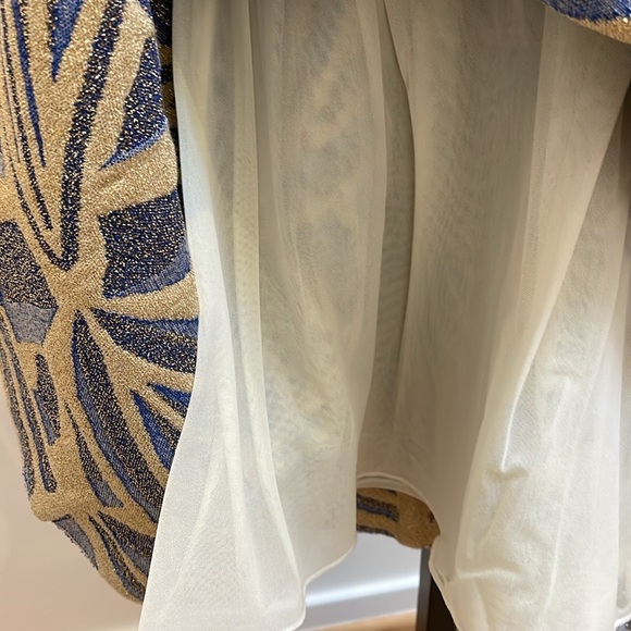 GIG Body-con style blue gold tan patterned flare dress Small - fits like XS - Picture 7 of 8